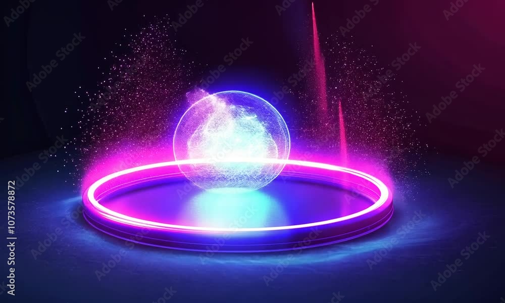 Poster a glowing circular platform with vibrant colors and particles, suggesting a futuristic setting.