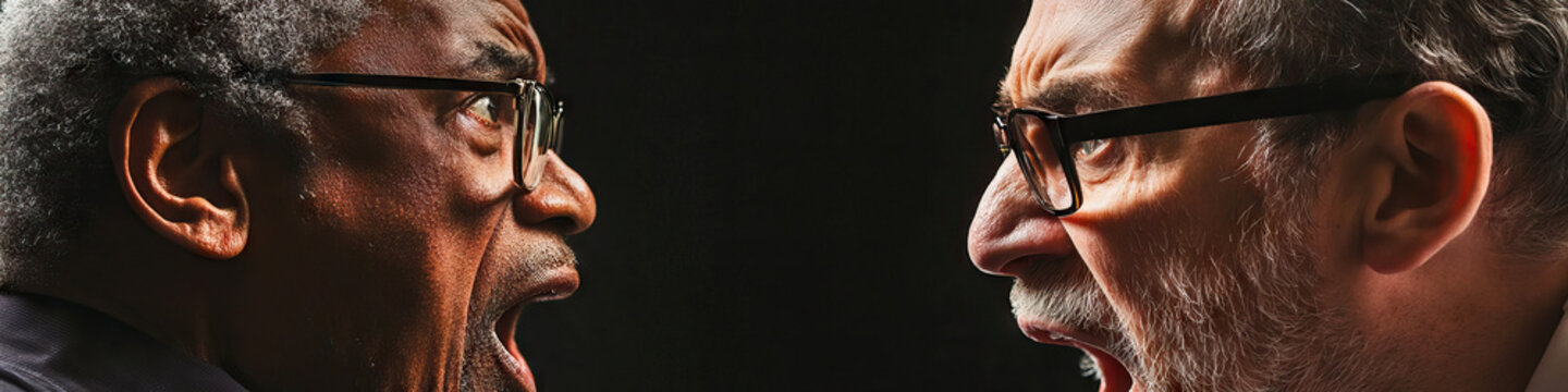 Two senior men argue intensely, their expressions etched with disdain.