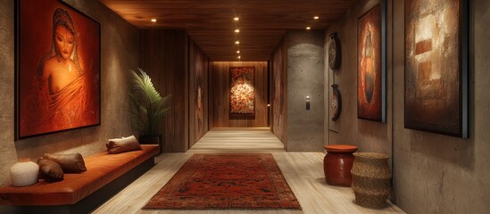 Modern hallway interior with artwork, a bench, and a rug.