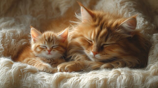 Orange kitten with its mother