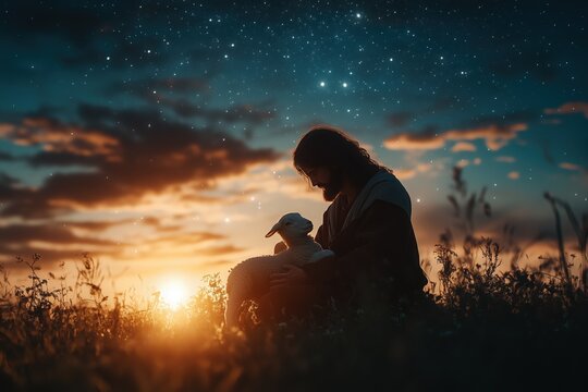A shepherd cradling a lamb in his arms under a star-filled sky, symbolizing Jesus as the Good Shepherd. Soft moonlight bathes the scene, portraying care and protection