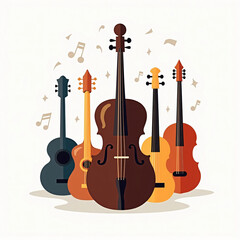 Naklejka premium A vibrant collection of beautifully crafted musical instruments including guitars, violins, and a cello, surrounded by floating musical notes that celebrate the joy and harmony of music and creativity