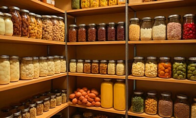 Home food storage room. Various jars with Home Canning Fruits and Vegetables jam on shelves