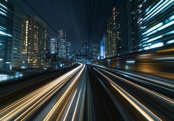 Obraz premium High-Speed Train Blurred Through Cityscape at Night