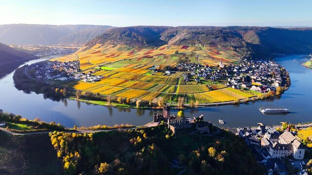 Aerial drone view of autumn vineyard terraces. Mosel Valley wine region Germany Balstein. High quality 4k footage