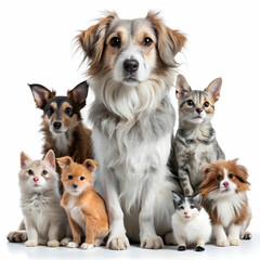Obraz premium A cheerful gathering of various pets posing together in front of a white background.