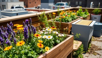 Urban Rooftop Garden with Pollinator-Friendly Flowers and Beekeeping Area