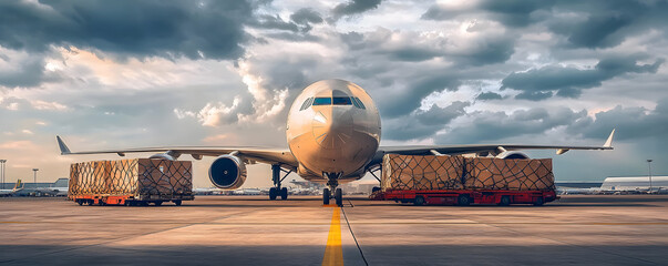 A air cargo plane is loaded with freight on the tarmac preparing for departure