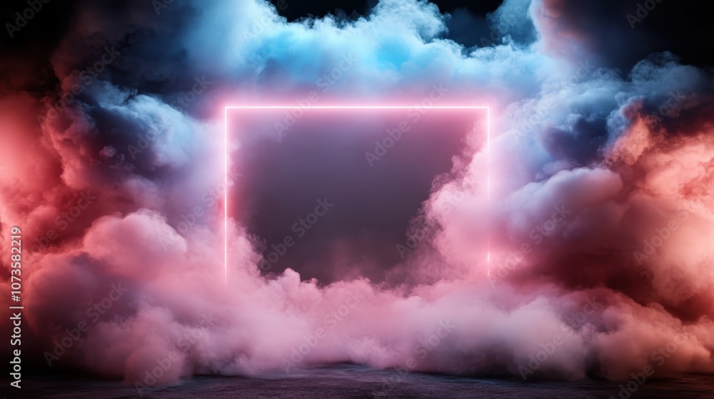 Poster a vibrant neon square frame is surrounded by swirling colorful clouds and fog, creating a striking a