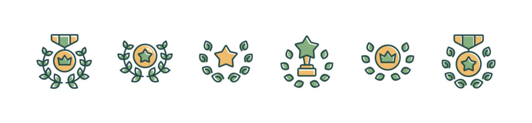 laurel wreath medal badge award icon set victory success achievement emblem certified nominated trophy signs vector illustration for web and app
