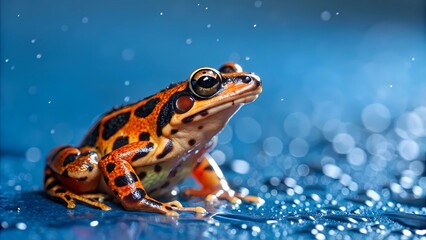 Fototapeta premium A Colorful Poison Dart Frog Perched on a Wet Surface, Surrounded by Glistening Raindrops in a Vibrant Nature Scene