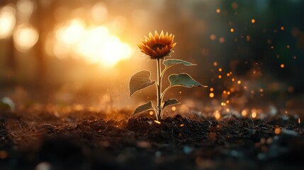A young sunflower stands tall and vibrant, bathed in golden sunlight moments after sunrise, surrounded by a sprinkle of shimmering magic in the gentle breeze.