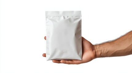 A close-up image of a hand holding a white sealed packet against a plain background, emphasizing the minimalist design and versatility of the packaging.