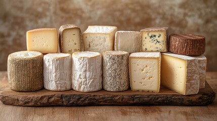 Assorted gourmet cheeses arranged on a rustic wooden board