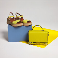 Summery yellow women's shoes and leather luxury bag in a colorful setting on a white background in the studio. Still life