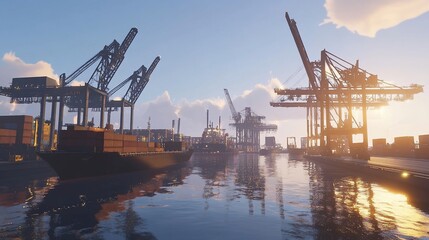 Fototapeta premium A large cargo ship docked at a busy harbor with cranes loading and unloading containers under a bright blue sky.
