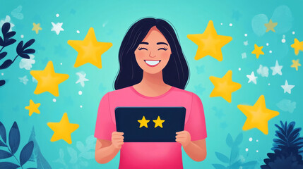 Delighted Customer Providing Positive Feedback on Digital Tablet, Representing Satisfaction and