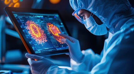 Scientist in Protective Gear Analyzing Data on Digital Tablet Displaying Complex Viral Structures in Modern Laboratory Environment