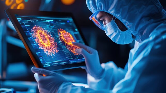 Scientist in Protective Gear Analyzing Data on Digital Tablet Displaying Complex Viral Structures in Modern Laboratory Environment - Powered by Adobe