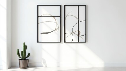 Minimalist Interior with Abstract Art and Cactus in Natural Light