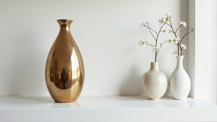 Chic Decorative Vases with Elegant Floral Arrangement on Shelf