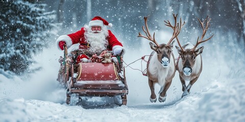 a santa claus with a beard and red costume rides on a sleigh in the snow with reindeer