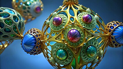 3D colorful Jewelry art forms with golden patterns background texture