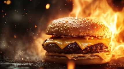 Juicy cheeseburger engulfed in flames