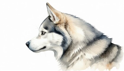 A detailed watercolor sketch showcasing a husky dog in profile with ample copyspace for text or branding, capturing the essence of canine charm and artistry
