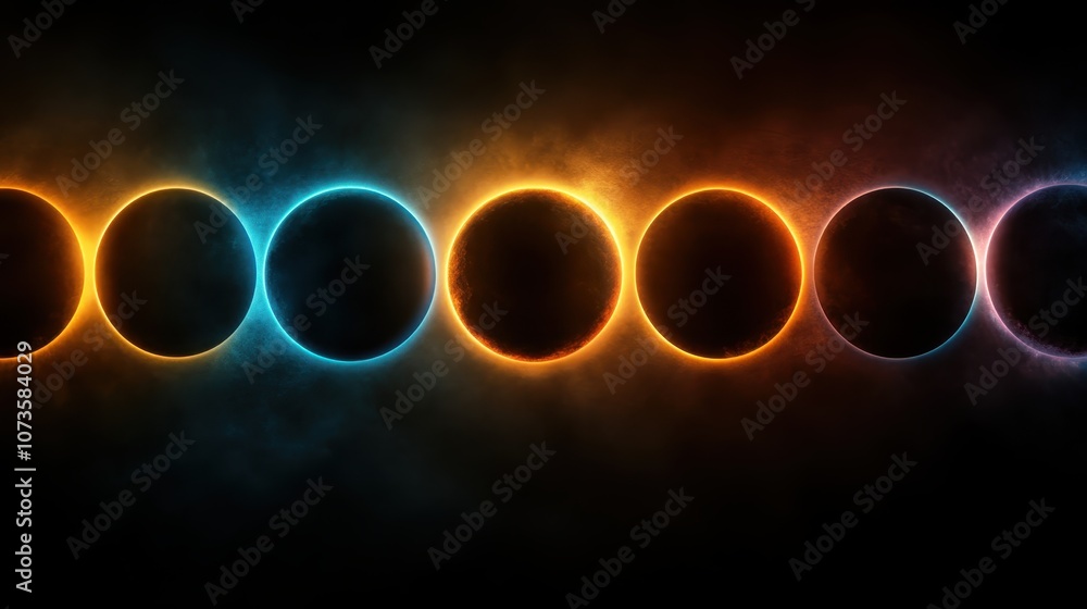 Poster an illuminated cycle of eclipses capturing multi-hued celestial beauty in an artistic series, showca