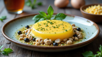A close-up shot of a cooked dish garnished with nuts and spices on a rustic wooden table.