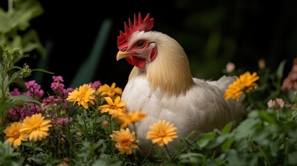 A charming white rooster with a vibrant red comb is nestled among vivid orange wildflowers, epitomizing rural beauty and the essence of pastoral life.