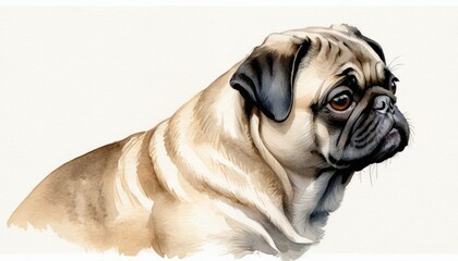 A charming watercolor sketch of a pug resting quietly, showcasing its distinctive features and adorable expression against a soft, white background