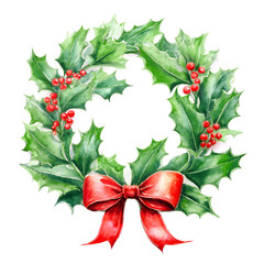 Naklejka premium Watercolor holly wreath on white background, with red ribbon bow, rich red berries and deep green leaves. Vintage Christmas wreath. Perfect for holiday cards, xmas decor and seasonal artwork