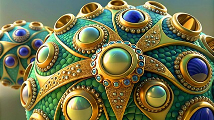 3D colorful Jewelry art forms with golden patterns background texture