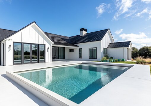 Modern Farmhouse with Pool & White Patio