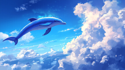 A dolphin flying in air with full of white clouds.