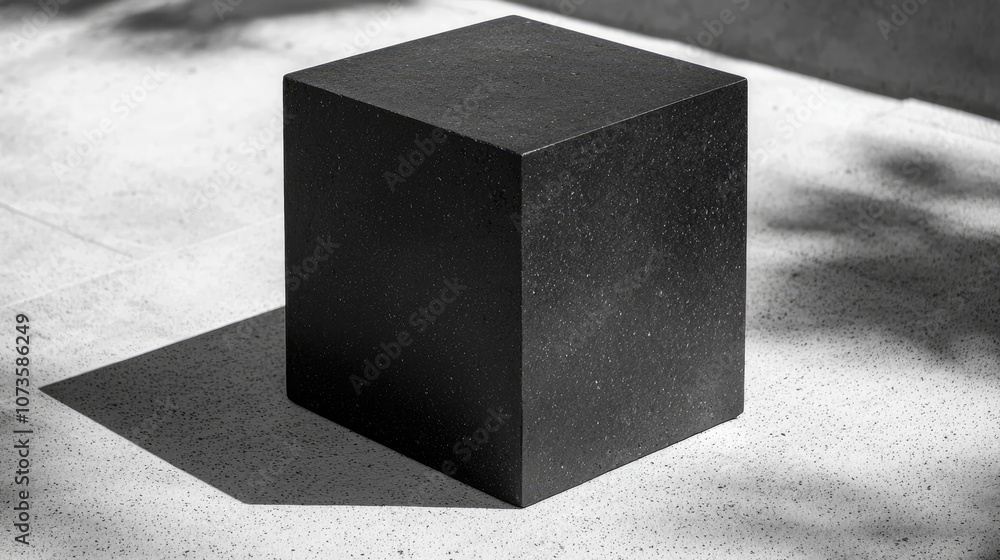 Poster solid black cube on textured surface, casting distinct shadow. minimalist design emphasizes geometri