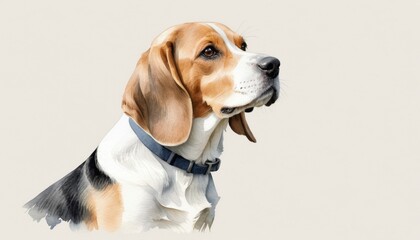 A charming watercolor sketch depicting a loyal dog patiently gazing into the distance, showcasing its gentle nature and playful spirit with ample copyspace for personalization