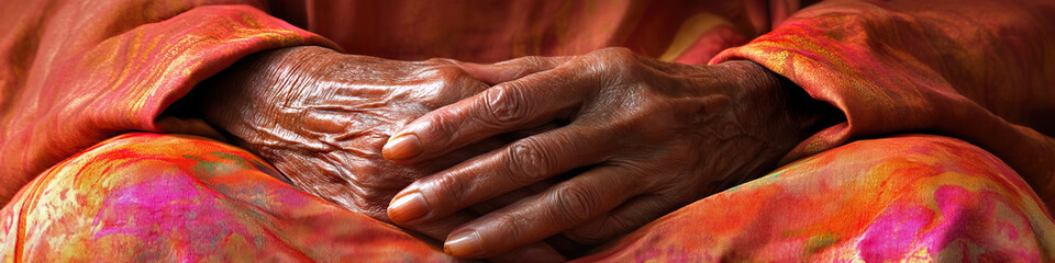 Fototapeta premium Aged Hands at Rest: A close-up of veiny hands folded gently on a lap, showing signs of aging and vulnerability.