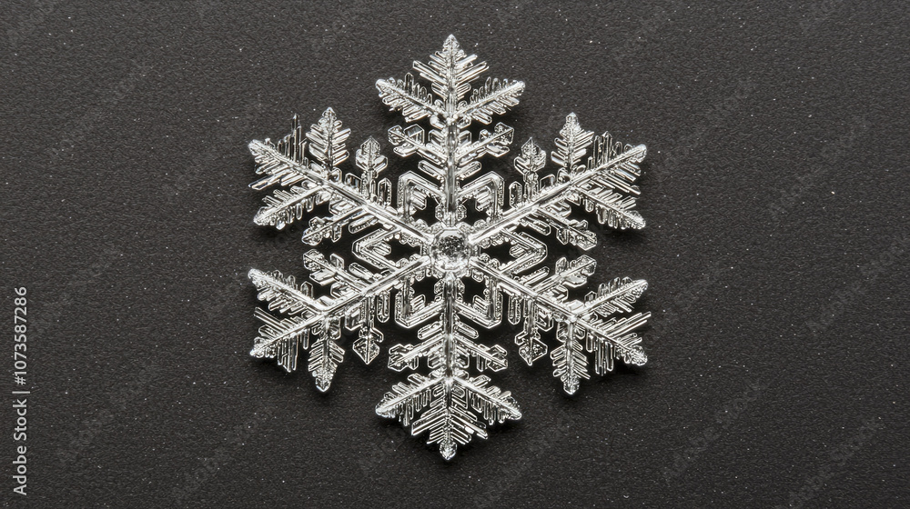 Poster detailed snowflake with intricate patterns on dark background, showcasing its unique crystalline str