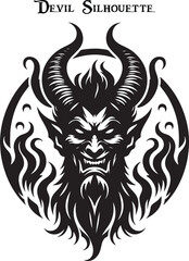 Black and white horned devil head silhouette. A dark, menacing shadow of a devil, evoking fear with glowing eyes and sharp, ominous features.