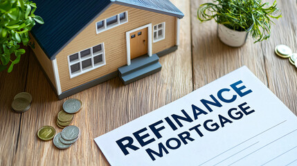 modern suburban home with refinance documents on wooden table