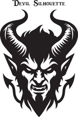 Black and white horned devil head silhouette. A dark, menacing shadow of a devil, evoking fear with glowing eyes and sharp, ominous features.