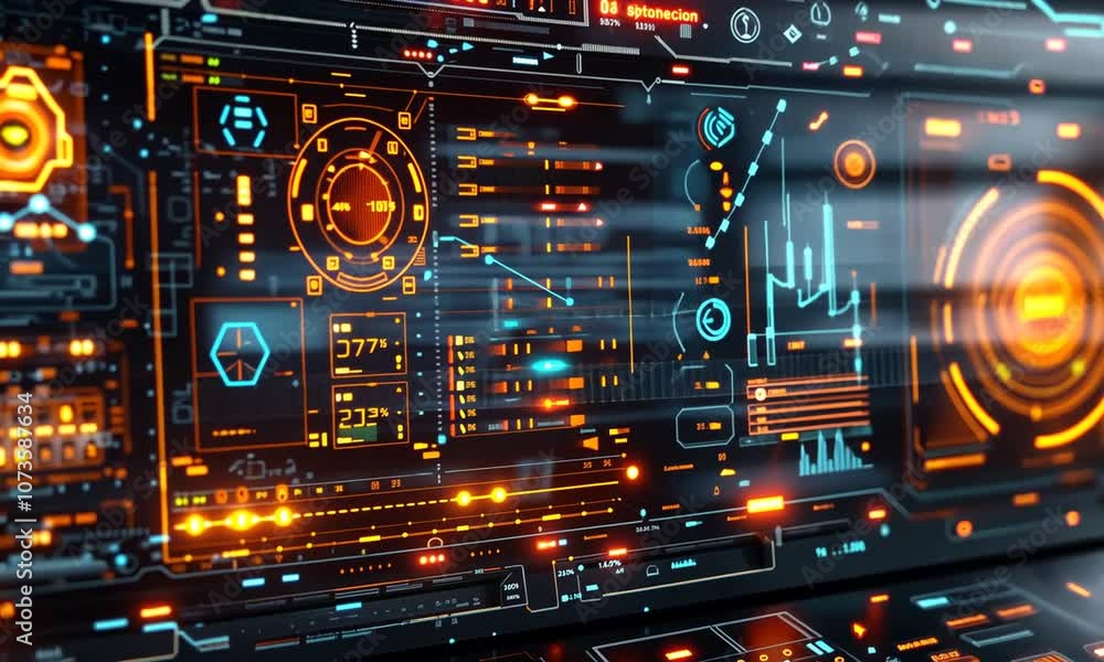Aufkleber futuristic digital interface with glowing elements and data visualizations.