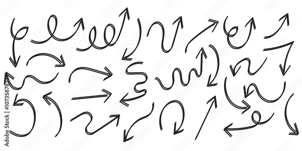 Poster large set of thin arrows of different shapes, drawn by hand. vector illustration of simple pointer s