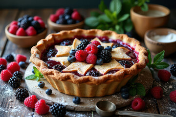 A deep dish mixed berry pie, surrounded by fresh berries, a flour sifter, a measuring spoon, and mint for a farm to table aesthetic.