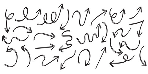 Large set of thin arrows of different shapes, drawn by hand. Vector illustration of simple pointer symbols - connections for infographics, presentation, social networks.