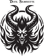 Black and white horned devil head silhouette. A dark, menacing shadow of a devil, evoking fear with glowing eyes and sharp, ominous features.
