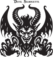 Black and white horned devil head silhouette. A dark, menacing shadow of a devil, evoking fear with glowing eyes and sharp, ominous features.